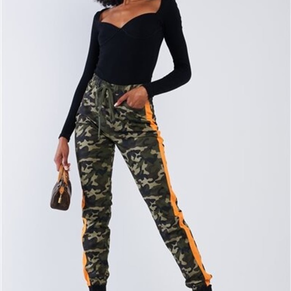 Camouflage Joggers with Orange Stripe